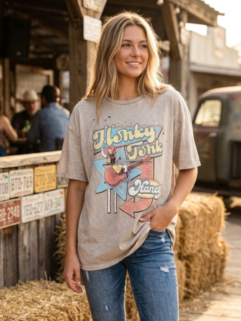 Zutter Honky Tonk Honey Graphic Tee Tan Acid Wash Distressed Oversized M/L